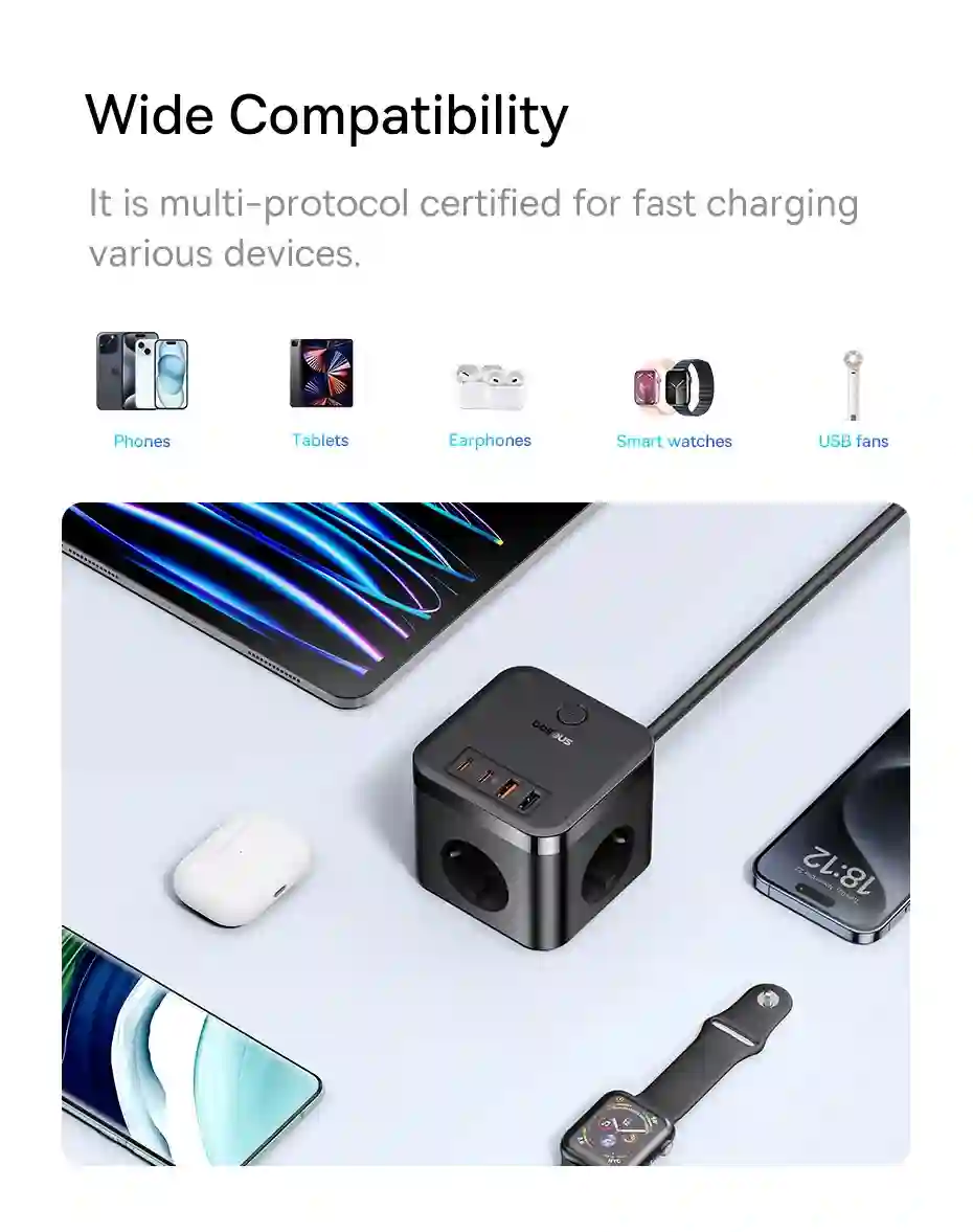 Baseus 30W Fast Charger Power Strip 3AC Outlet Desktop Charging Station With Surge Lightning Protection For iPhone 15 14 Tablets