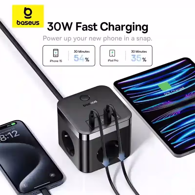 Baseus PowerCombo Cube 30W GaN Power Strip 7-in-1 with Surge Protection Baseus PowerCombo Cube 30W GaN Power Strip 7-in-1 with Surge Protection