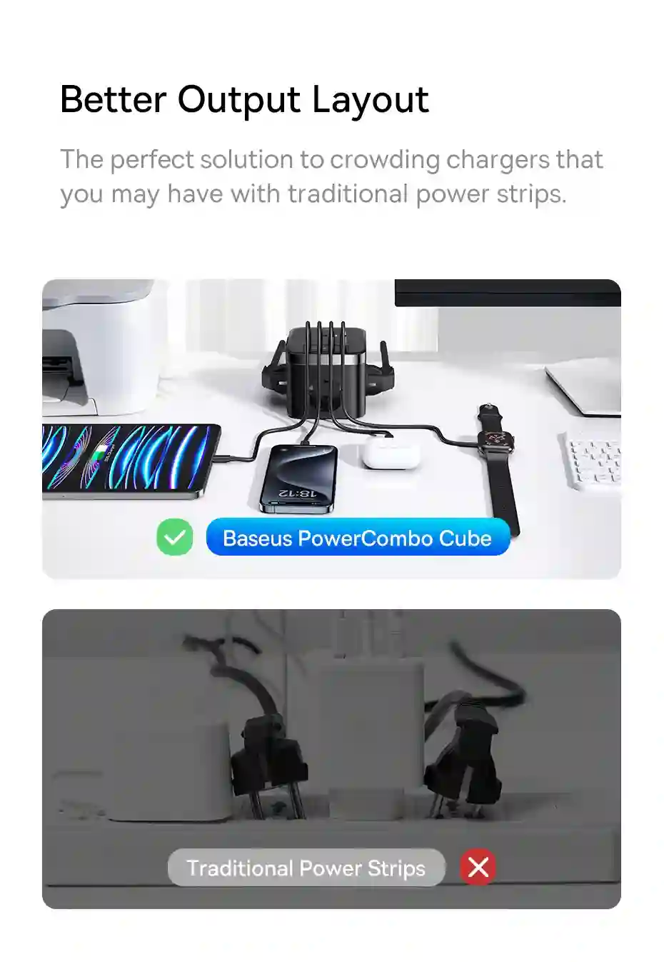 Baseus 30W Fast Charger Power Strip 3AC Outlet Desktop Charging Station With Surge Lightning Protection For iPhone 15 14 Tablets
