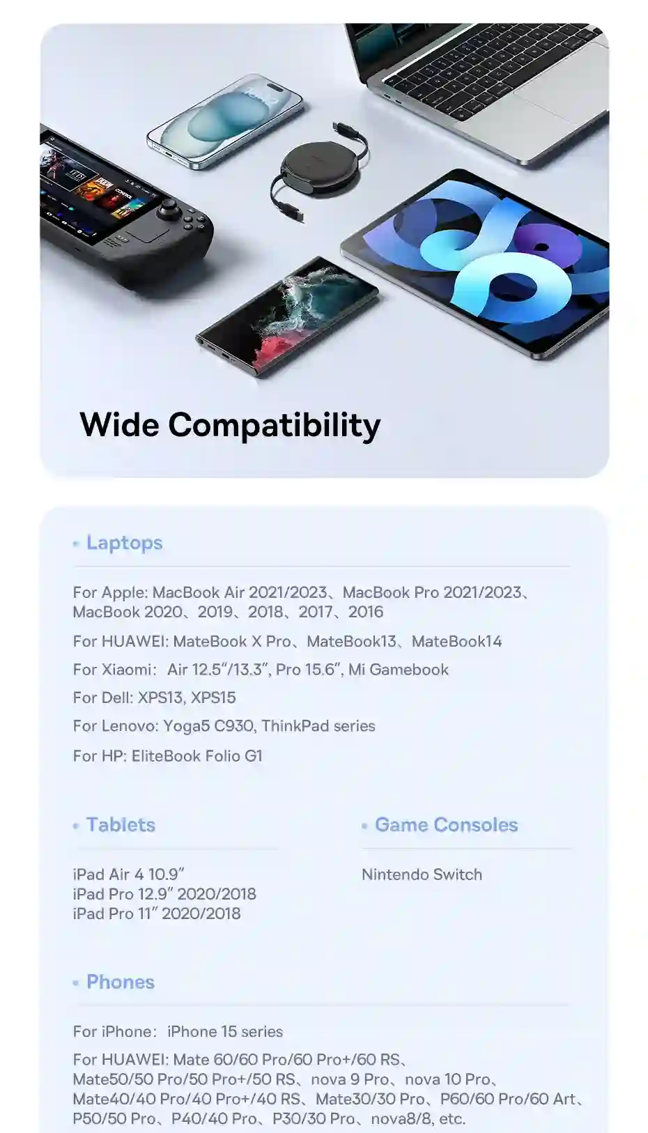 Baseus Retractable USB C Cable 100W Cable for iPhone 15 Plus Pro Max Fast Charger Cable For MacBook iPad Charger Data Wire