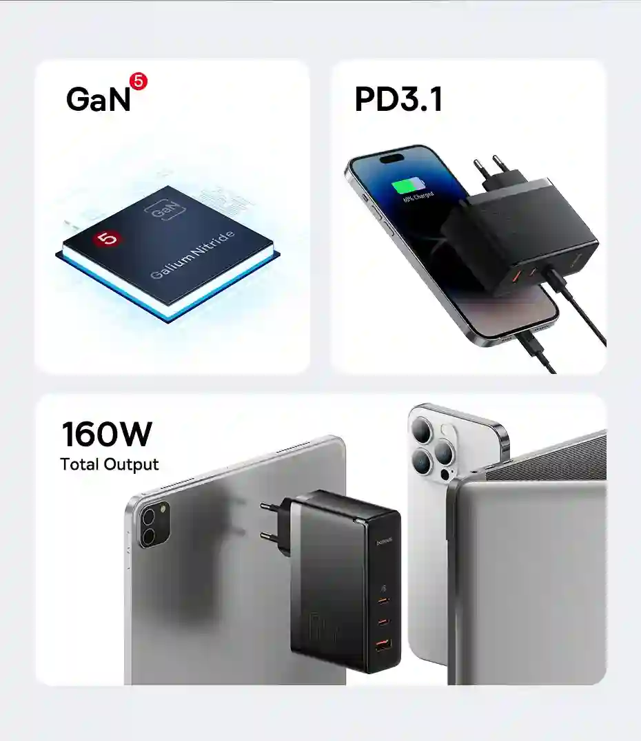 Baseus 160W GaN Charger For iPhone 15 14 13 Fast Charger For Laptop USB C Charger Support PD3.1 QC Phone Charger For Xiaomi