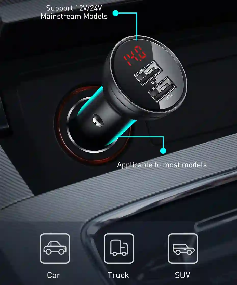 Baseus 24W USB Car Charger for Phone 4.8A Fast Mobile Phone Charger Adapter for Huawei Xiaomi with LED Display Car Phone Charger