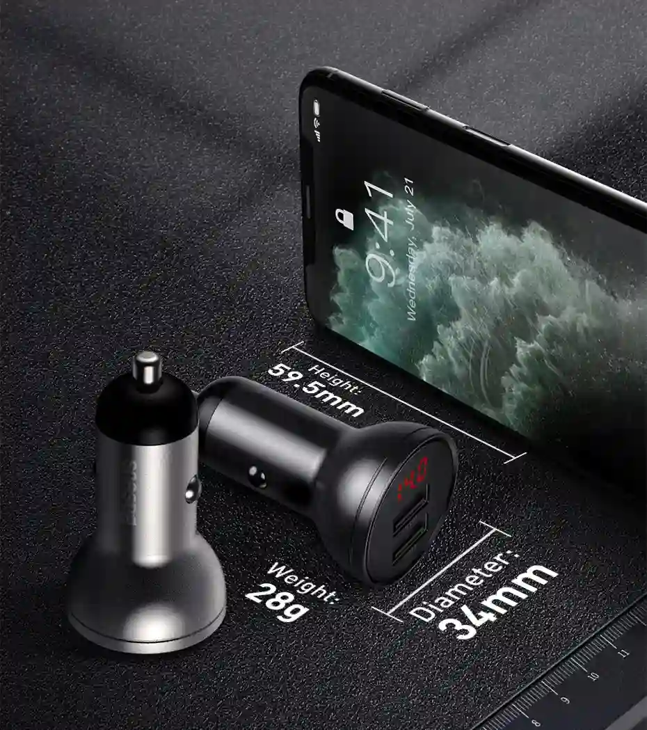 Baseus 24W USB Car Charger for Phone 4.8A Fast Mobile Phone Charger Adapter for Huawei Xiaomi with LED Display Car Phone Charger