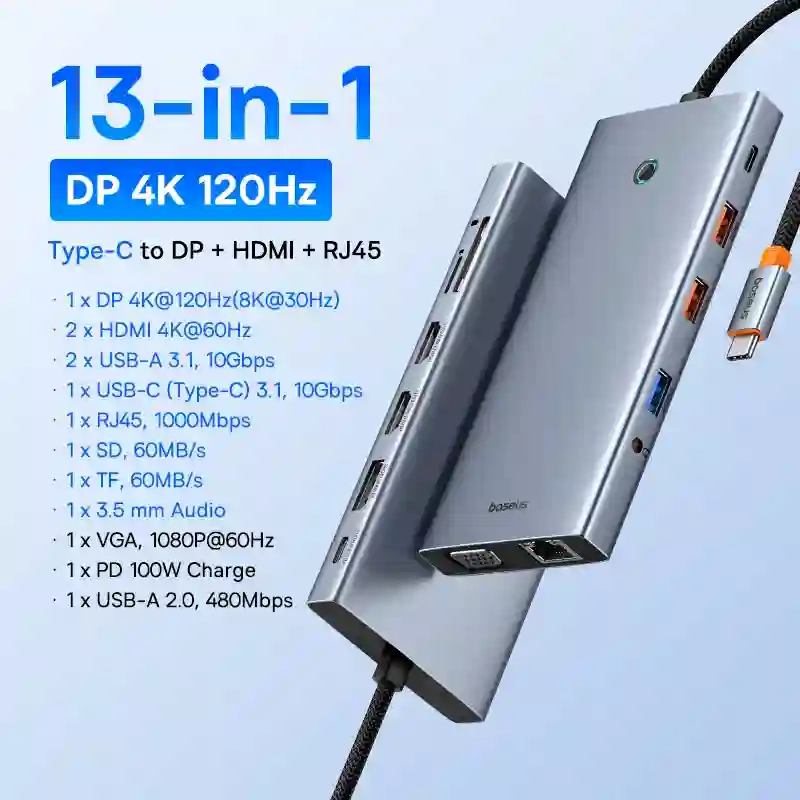 Baseus USB Type C to HDMI-Compatible HUB Adapter 13-In-1 DP 4K 60Hz 120Hz RJ45 VGA Converter PD 100W USB 3.0 2.0 For Macbook PC