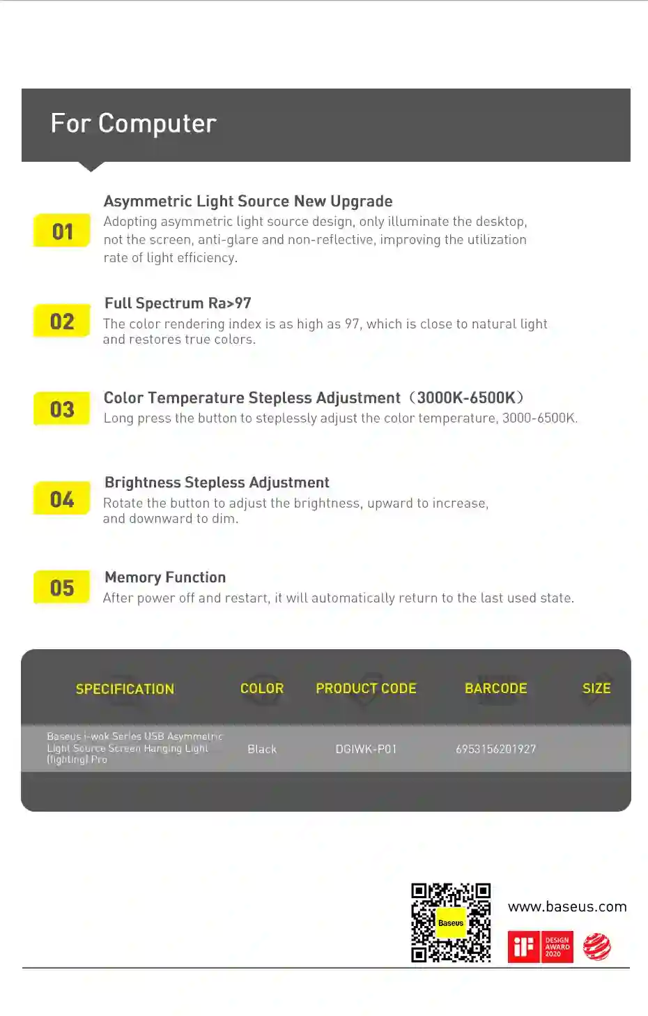 Baseus USB Asymmetric Light Source Screen Hanging Light Pro Black Screen Light Computer Lamp Led Desk Lamp For Reading Light