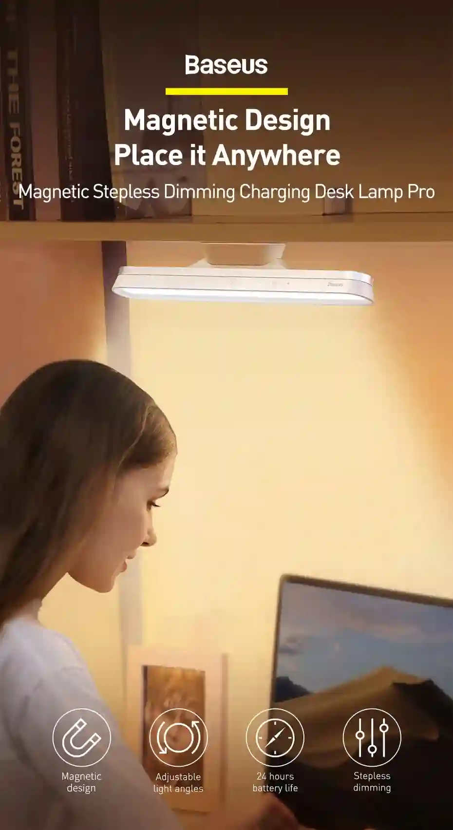 Baseus Desk Lamp Hanging Magnetic LED Table Lamp Chargeable Stepless Dimming Cabinet Light Night Light For Closet Wardrobe Lamp