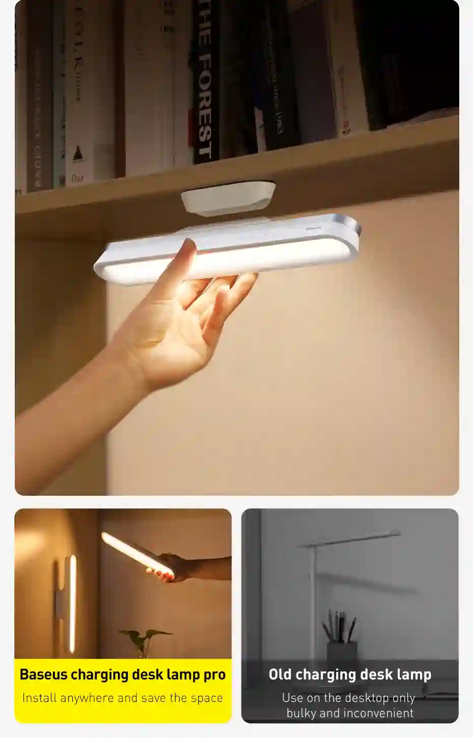 Baseus Desk Lamp Hanging Magnetic LED Table Lamp Chargeable Stepless Dimming Cabinet Light Night Light For Closet Wardrobe Lamp
