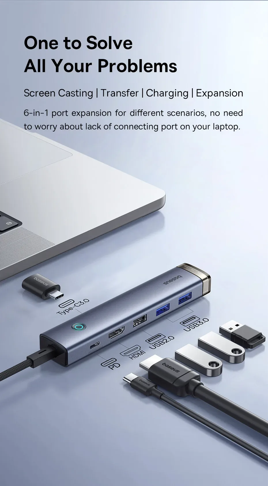 Baseus USB C Hub 4K 60Hz USB Type C 3.0 to HDMI-Compatible RJ45 PD 100W USB 3.0 Slim Adapter USB C Dock for MacBook Air USB HUB
