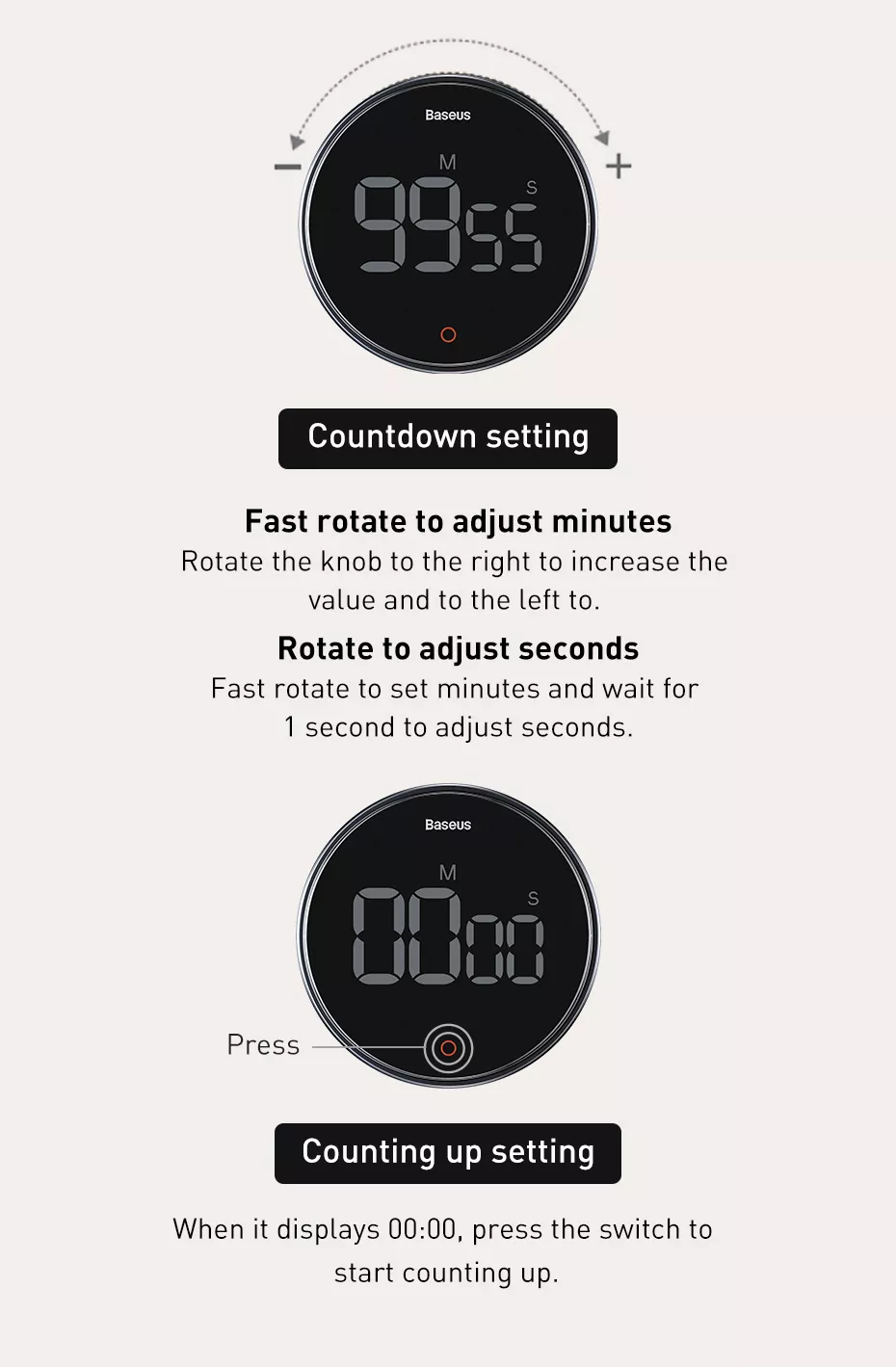 Baseus Magnetic Countdown Alarm Clock Kitchen Timer Manual Digital Timer Stand Desk Clock Cooking Timer Shower Study Stopwatch