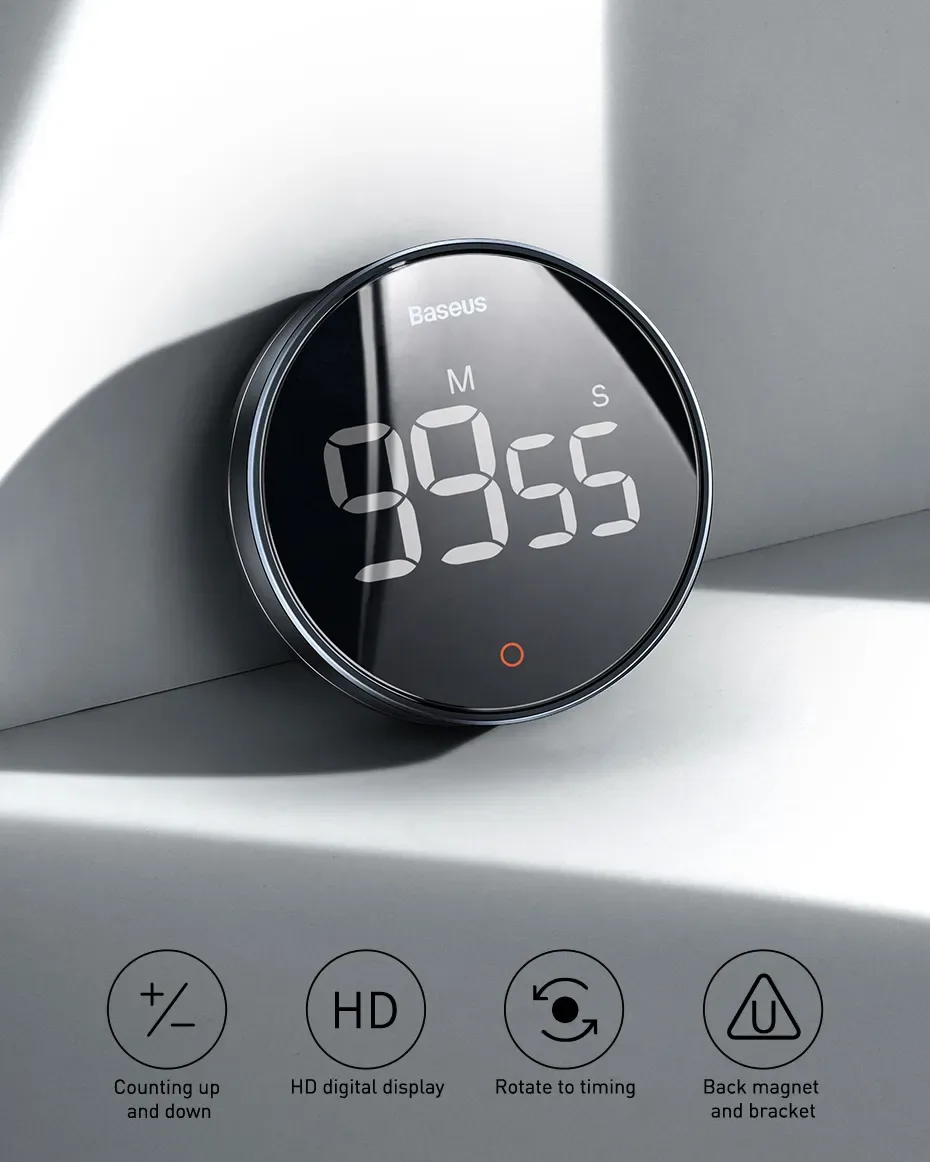 Baseus Magnetic Countdown Alarm Clock Kitchen Timer Manual Digital Timer Stand Desk Clock Cooking Timer Shower Study Stopwatch