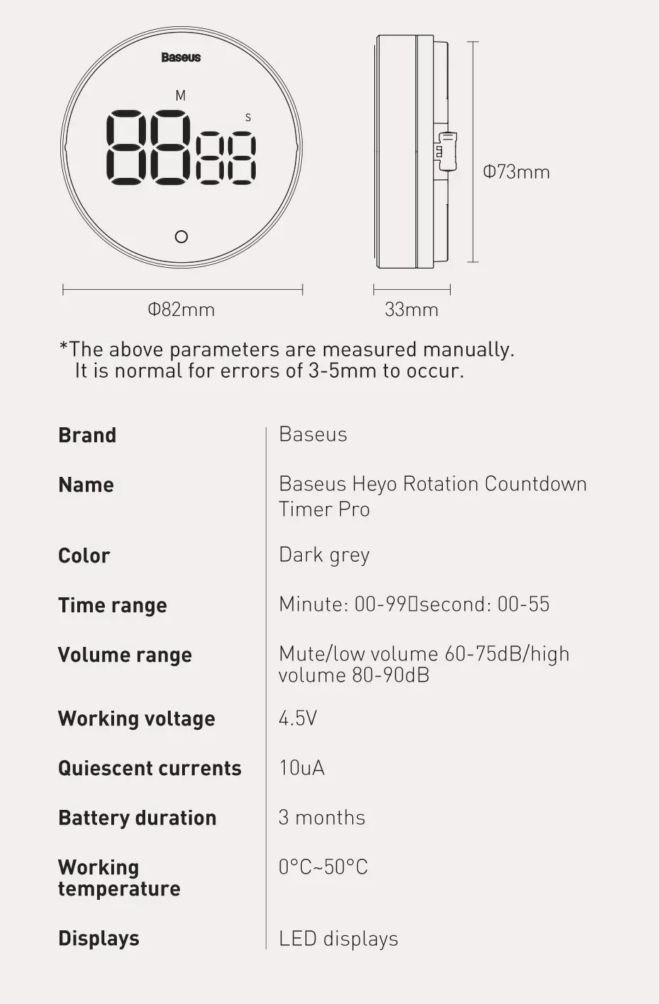 Baseus Magnetic Countdown Alarm Clock Kitchen Timer Manual Digital Timer Stand Desk Clock Cooking Timer Shower Study Stopwatch