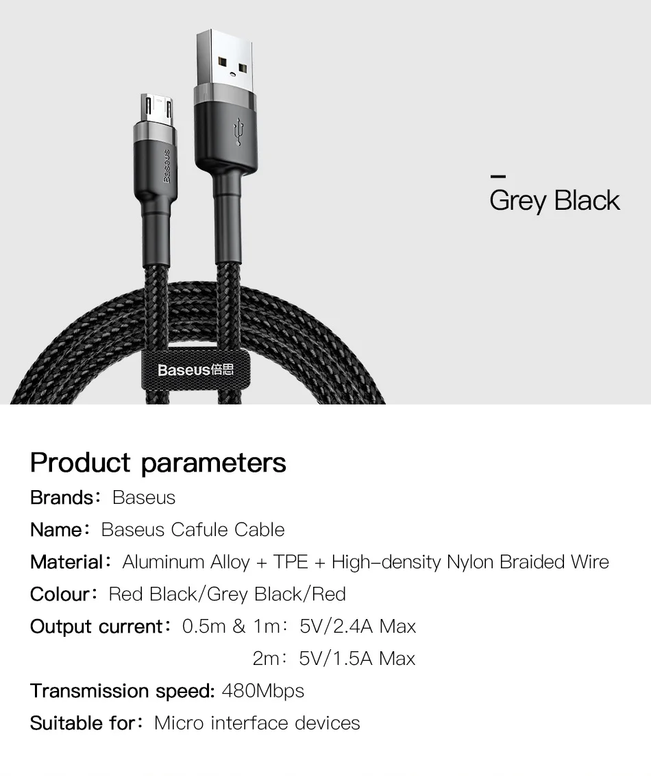 Baseus 1m 2m Reversible Micro USB Cable for Xiaomi Redmi Note 5 Pro 4 Samsung S7