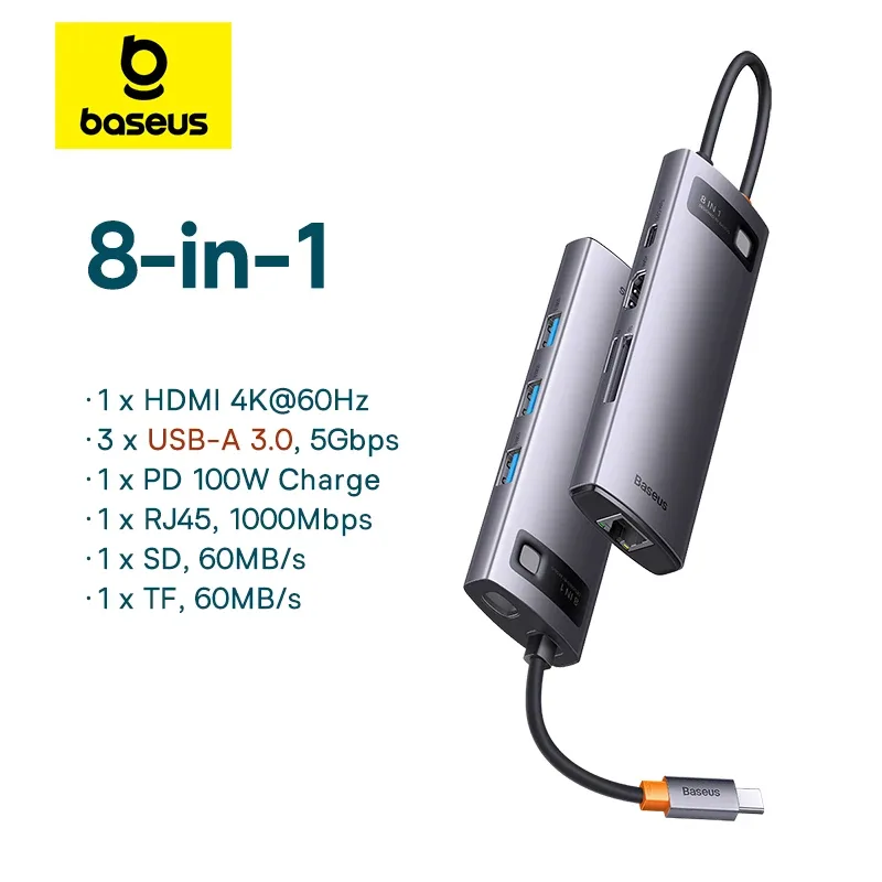 Baseus USB C 3.1 HUB 4K 60Hz Type C to HDMI-Compatible 8-in-1 Hub For RJ45 PD 100W SD TF Card Adapter For Macbook iPad Laptop PC