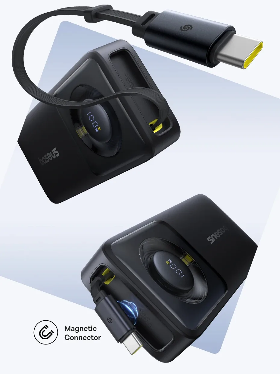 Baseus 30W Power Bank 10000mah with Built-in Retractable Type-C Cable Fast Charging for iPhone 15 Pro Max Xiaomi Samsung