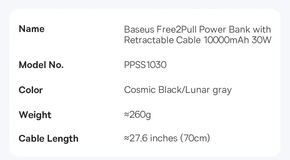 Baseus 30W Power Bank 10000mah with Built-in Retractable Type-C Cable Fast Charging for iPhone 15 Pro Max Xiaomi Samsung