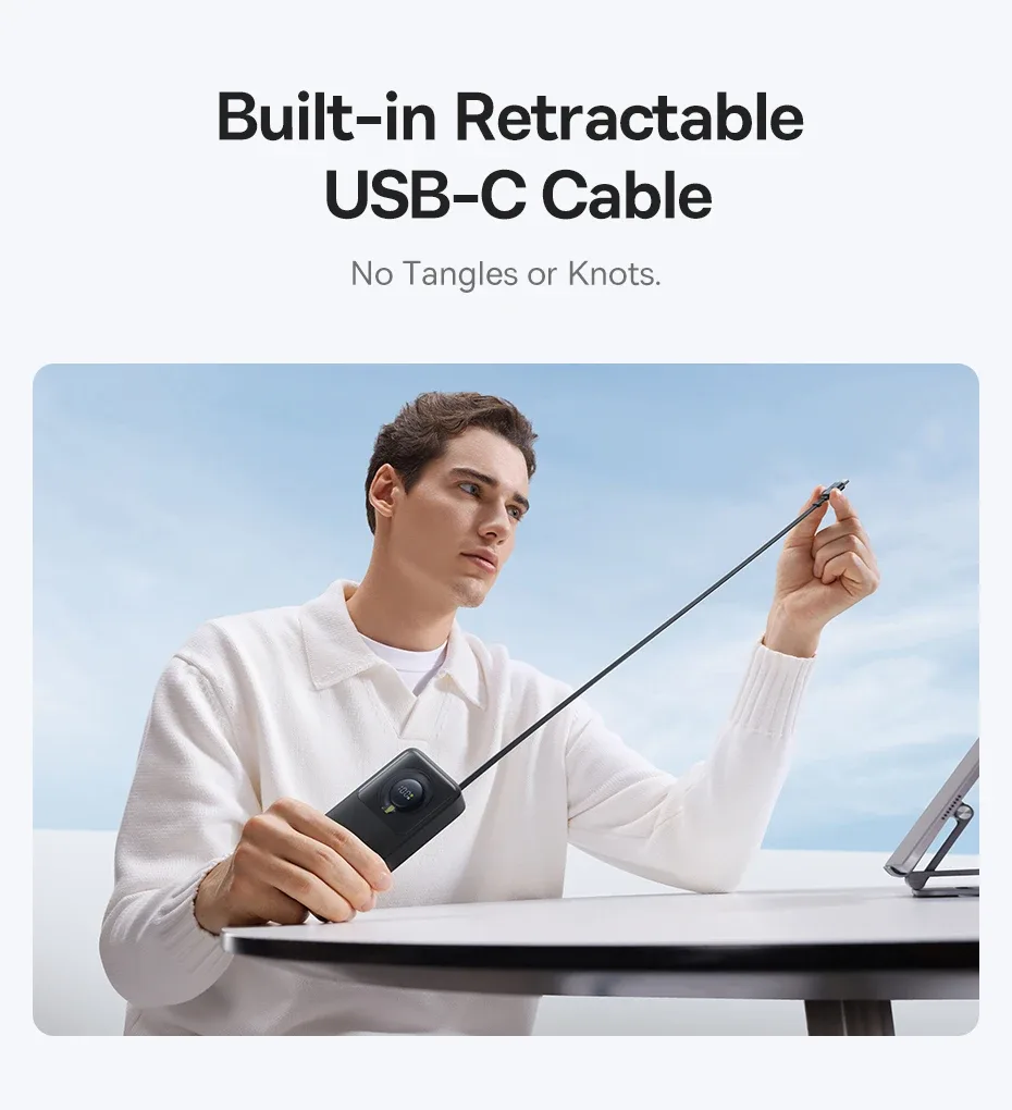 Baseus 30W Power Bank 10000mah with Built-in Retractable Type-C Cable Fast Charging for iPhone 15 Pro Max Xiaomi Samsung