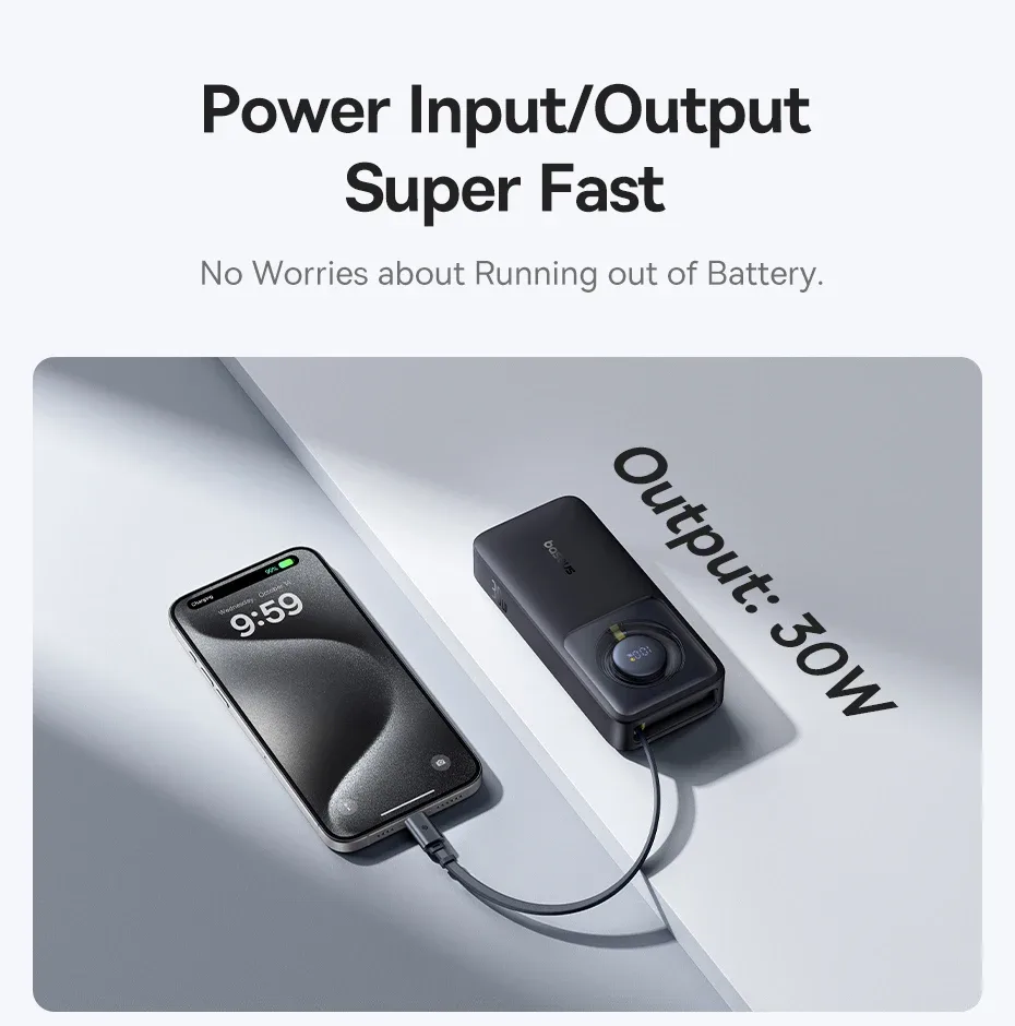Baseus 30W Power Bank 10000mah with Built-in Retractable Type-C Cable Fast Charging for iPhone 15 Pro Max Xiaomi Samsung
