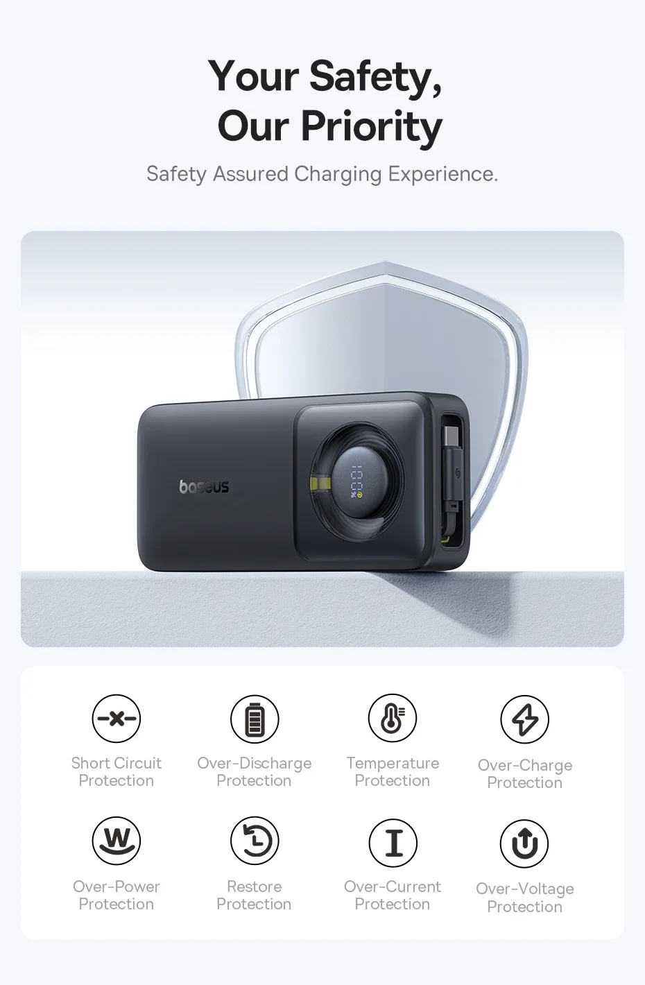 Baseus 30W Power Bank 10000mah with Built-in Retractable Type-C Cable Fast Charging for iPhone 15 Pro Max Xiaomi Samsung