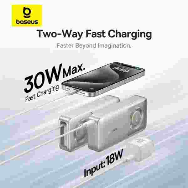 Baseus 30W Power Bank 10000mah with Built-in Retractable Type-C Cable Fast Charging for iPhone 15 Pro Max Xiaomi Samsung - Image 2
