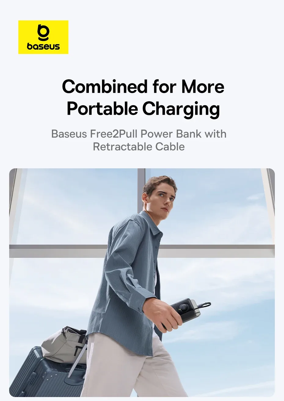 Baseus 30W Power Bank 10000mah with Built-in Retractable Type-C Cable Fast Charging for iPhone 15 Pro Max Xiaomi Samsung