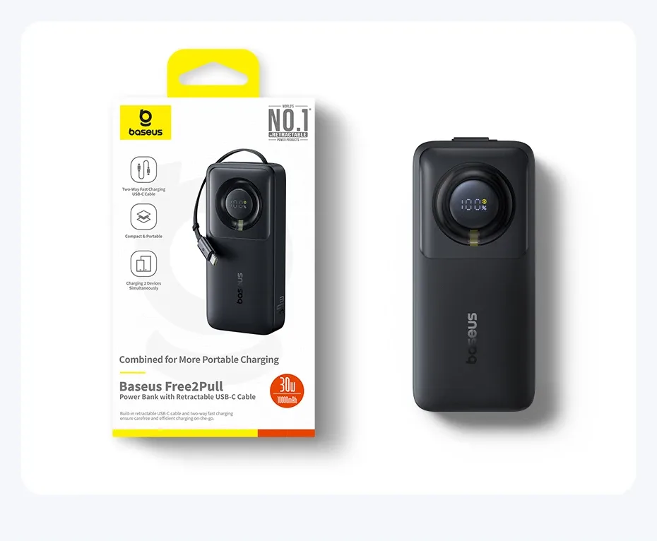 Baseus 30W Power Bank 10000mah with Built-in Retractable Type-C Cable Fast Charging for iPhone 15 Pro Max Xiaomi Samsung