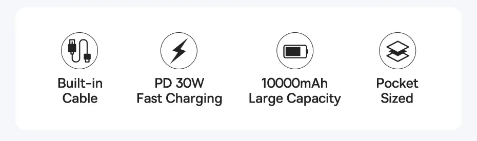 Baseus 30W Power Bank 10000mah with Built-in Retractable Type-C Cable Fast Charging for iPhone 15 Pro Max Xiaomi Samsung