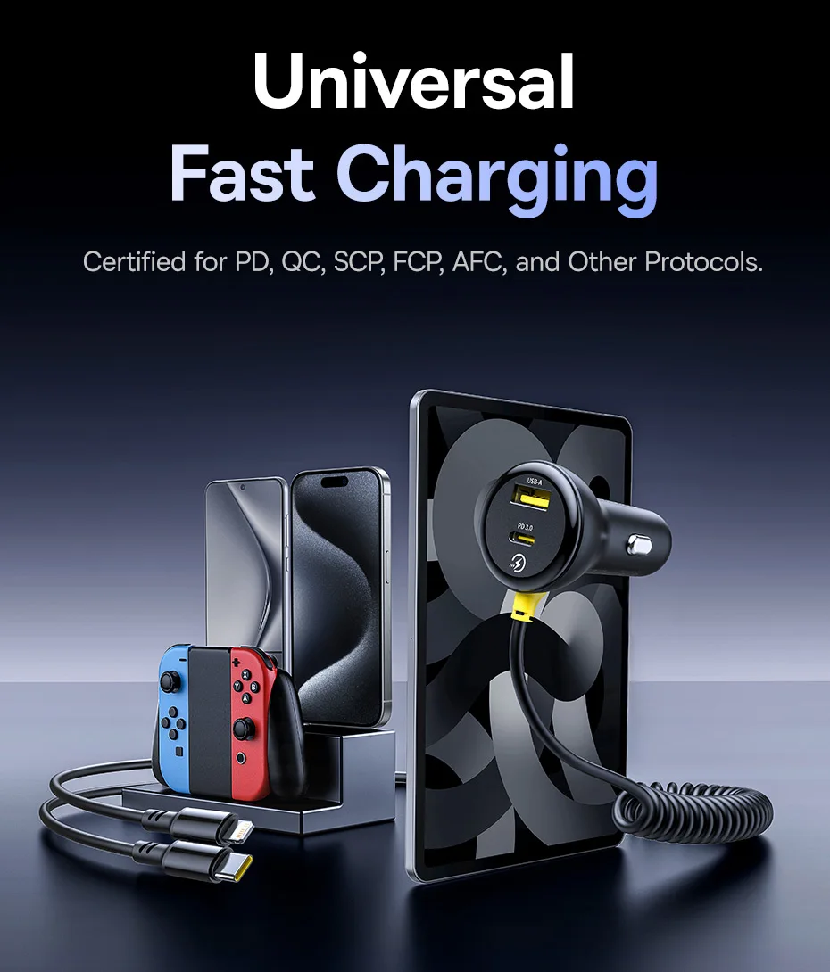 Baseus 60W Car Charger Retractable Spring Cable PD QC SCP FCP AFC Fast Charging For iPhone Samsung Xiaomi Car Phone Charger
