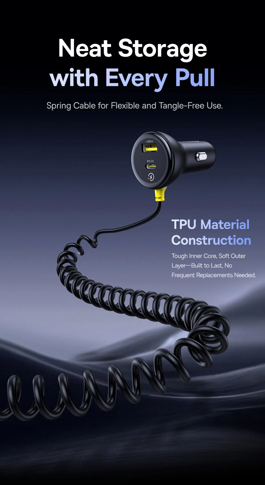 Baseus 60W Car Charger Retractable Spring Cable PD QC SCP FCP AFC Fast Charging For iPhone Samsung Xiaomi Car Phone Charger