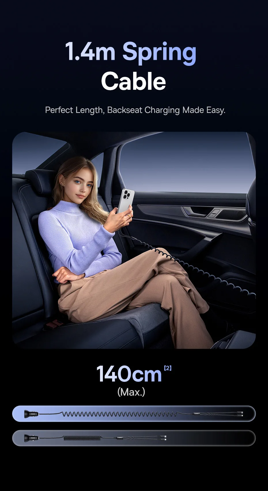 Baseus 60W Car Charger Retractable Spring Cable PD QC SCP FCP AFC Fast Charging For iPhone Samsung Xiaomi Car Phone Charger