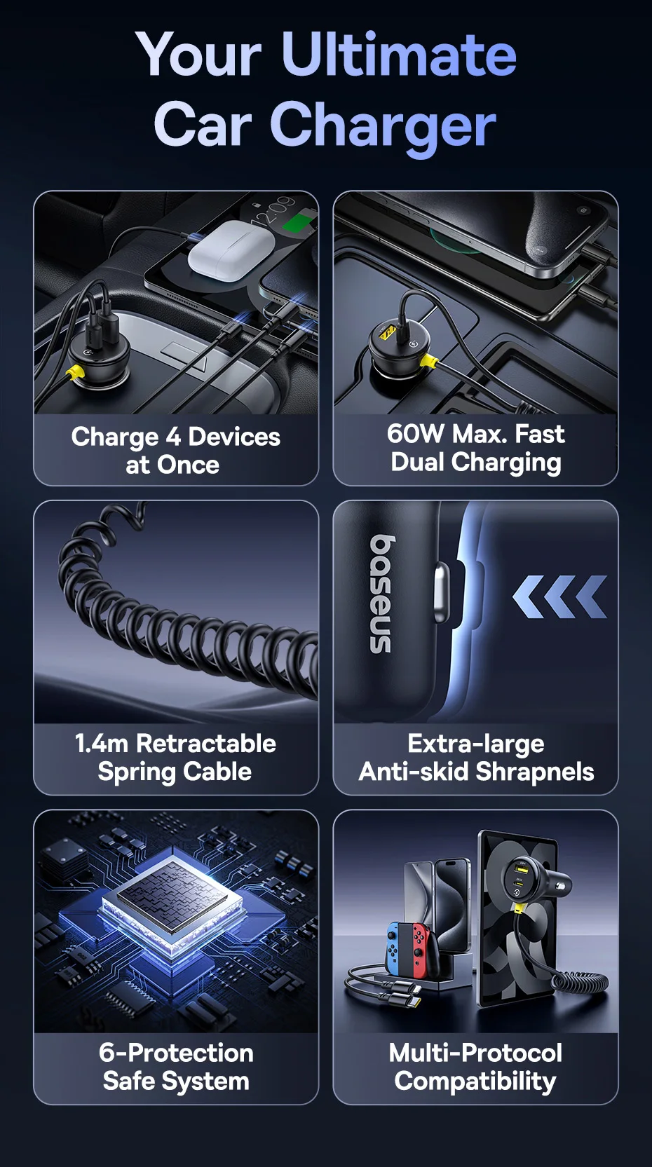 Baseus 60W Car Charger Retractable Spring Cable PD QC SCP FCP AFC Fast Charging For iPhone Samsung Xiaomi Car Phone Charger