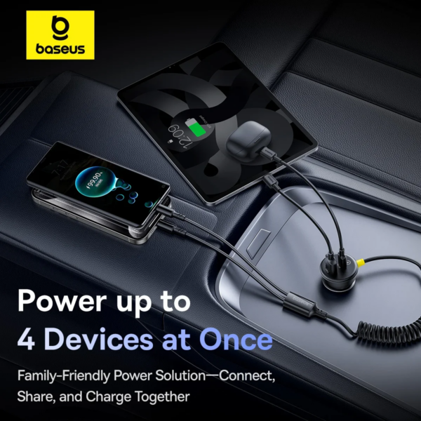 Baseus 60W 4-Port Car Charger with Retractable Spring Cable PD QC Fast Charging for iPhone Samsung Xiaomi - Image 4