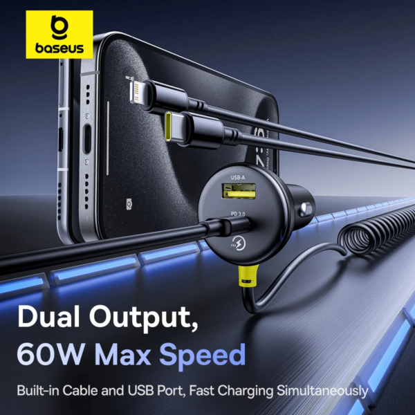 Baseus 60W 4-Port Car Charger with Retractable Spring Cable PD QC Fast Charging for iPhone Samsung Xiaomi - Image 3