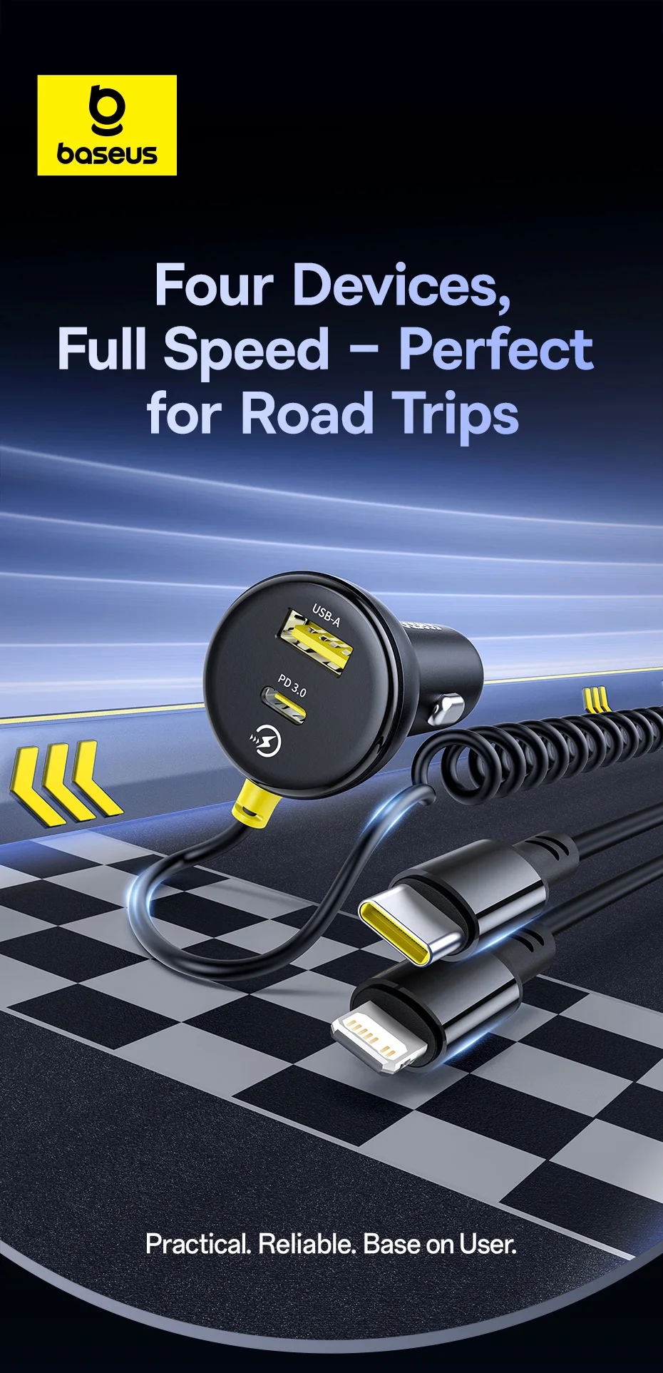 Baseus 60W Car Charger Retractable Spring Cable PD QC SCP FCP AFC Fast Charging For iPhone Samsung Xiaomi Car Phone Charger