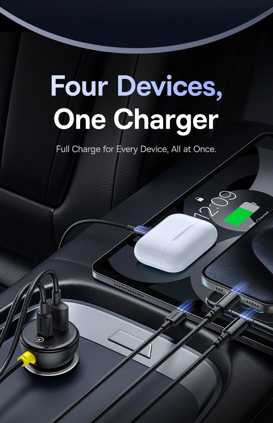 Baseus 60W Car Charger Retractable Spring Cable PD QC SCP FCP AFC Fast Charging For iPhone Samsung Xiaomi Car Phone Charger