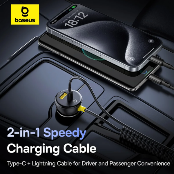 Baseus 60W 4-Port Car Charger with Retractable Spring Cable PD QC Fast Charging for iPhone Samsung Xiaomi - Image 2