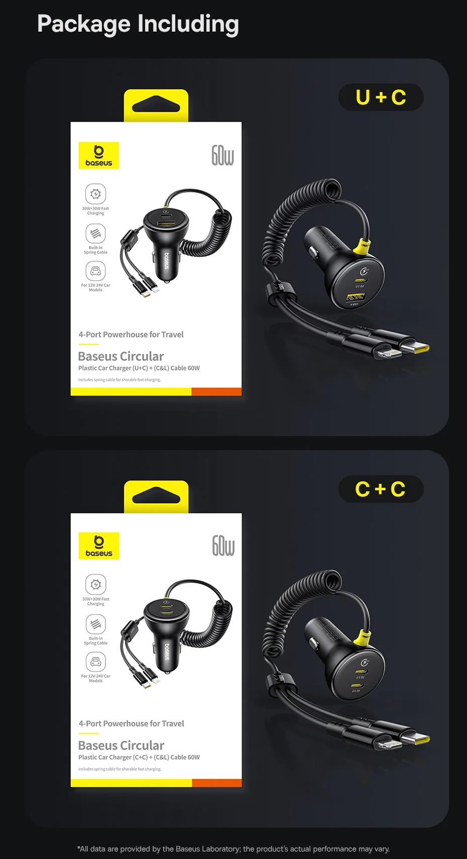 Baseus 60W Car Charger Retractable Spring Cable PD QC SCP FCP AFC Fast Charging For iPhone Samsung Xiaomi Car Phone Charger