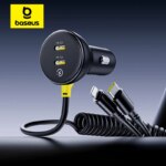 Baseus 60W 4-Port Car Charger with Retractable Spring Cable PD QC Fast Charging for iPhone Samsung Xiaomi