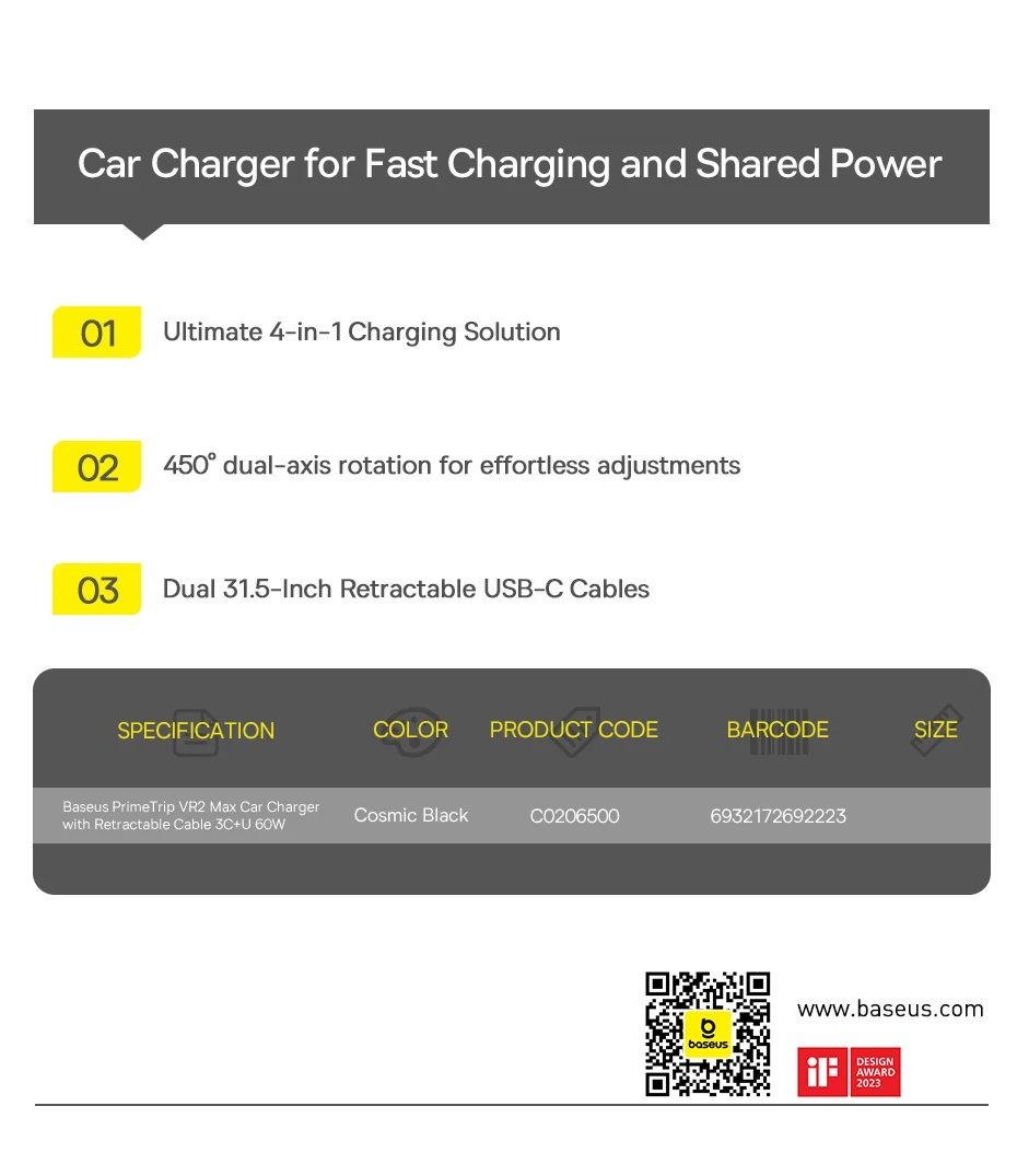 Baseus 60W 100W 30W Car Charger 4 ports Built in Dual Retractable Cable Fast Charging USB Type-C Car Phone Charger