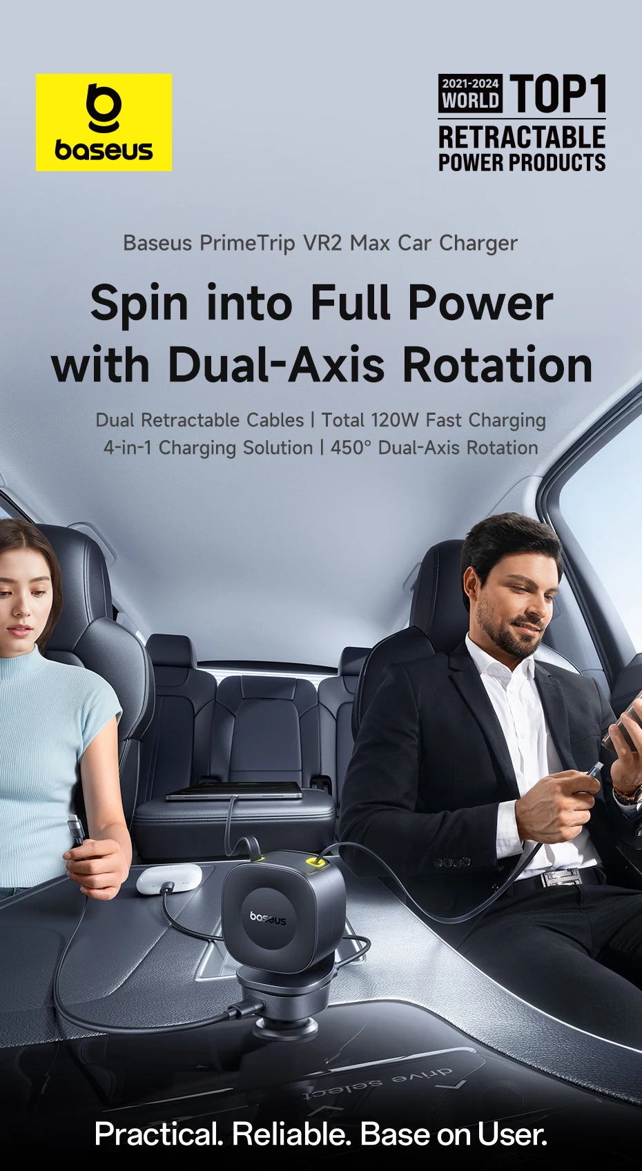 Baseus 60W 100W 30W Car Charger 4 ports Built in Dual Retractable Cable Fast Charging USB Type-C Car Phone Charger
