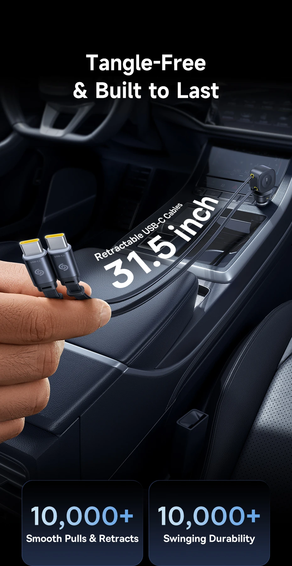 Baseus 60W 100W 30W Car Charger 4 ports Built in Dual Retractable Cable Fast Charging USB Type-C Car Phone Charger