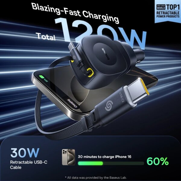 Baseus PrimeTrip VR2 Max 120W Car Charger with Dual Retractable Cables 4-Port Fast Charging - Image 2
