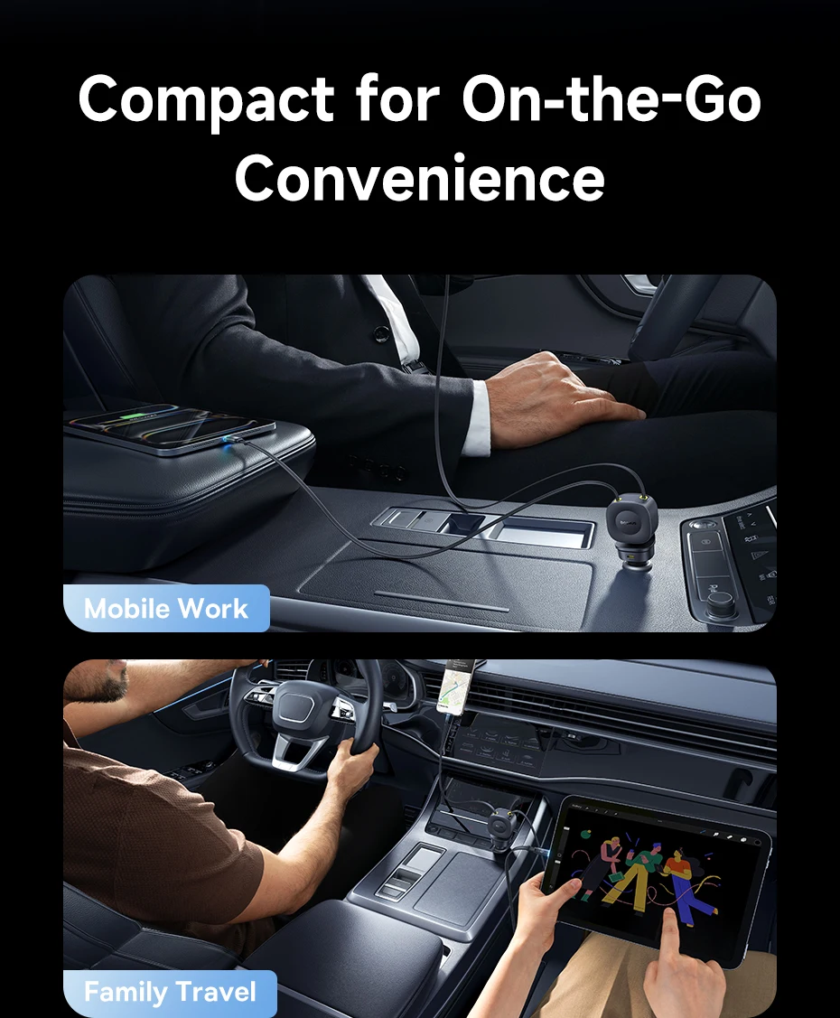 Baseus 60W 100W 30W Car Charger 4 ports Built in Dual Retractable Cable Fast Charging USB Type-C Car Phone Charger