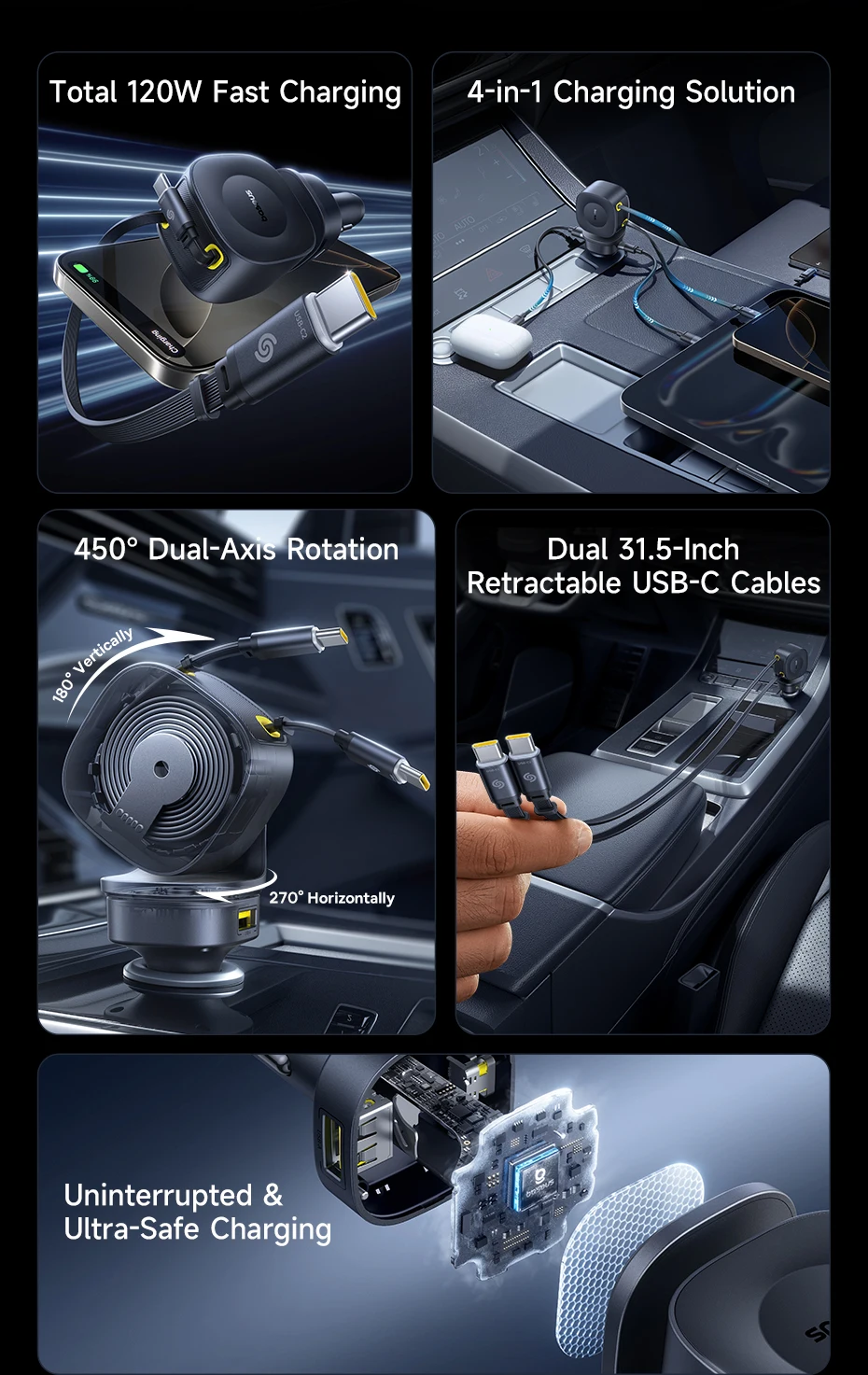 Baseus 60W 100W 30W Car Charger 4 ports Built in Dual Retractable Cable Fast Charging USB Type-C Car Phone Charger