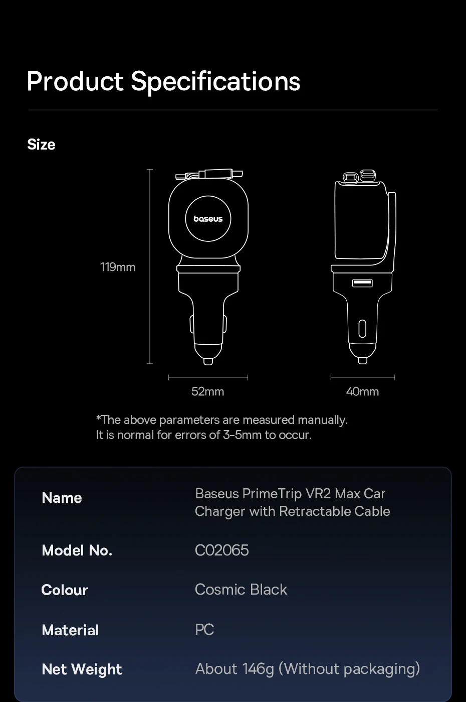Baseus 60W 100W 30W Car Charger 4 ports Built in Dual Retractable Cable Fast Charging USB Type-C Car Phone Charger