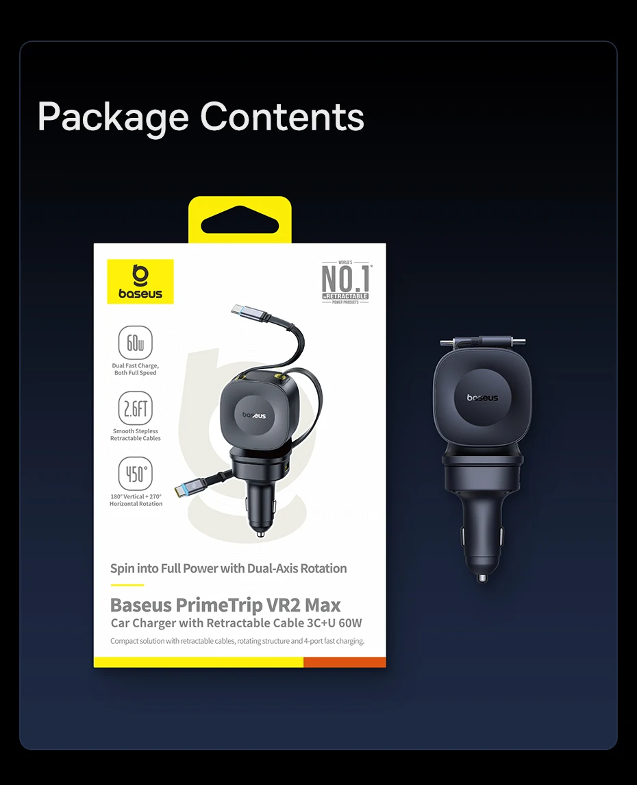 Baseus 60W 100W 30W Car Charger 4 ports Built in Dual Retractable Cable Fast Charging USB Type-C Car Phone Charger