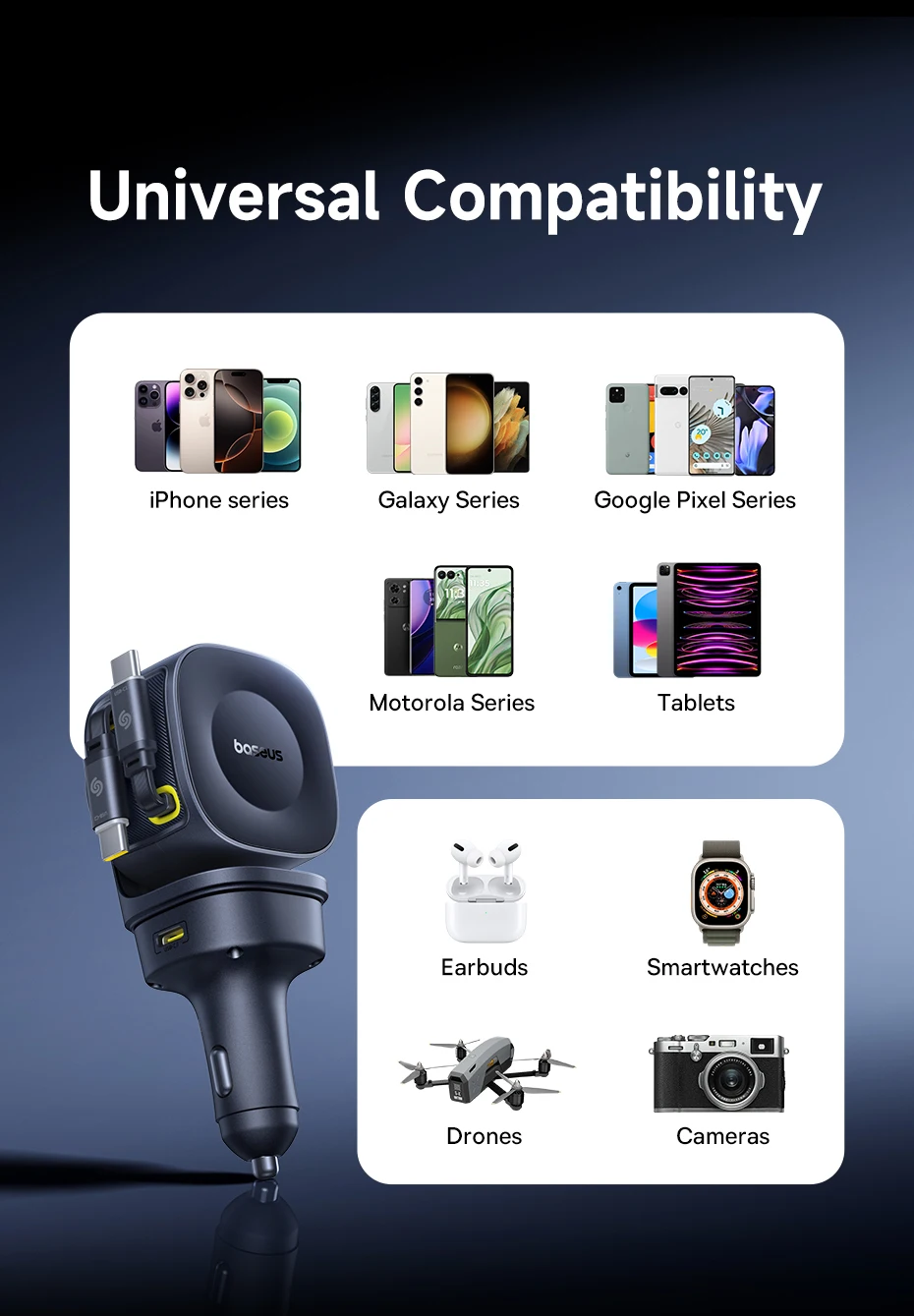 Baseus 60W 100W 30W Car Charger 4 ports Built in Dual Retractable Cable Fast Charging USB Type-C Car Phone Charger