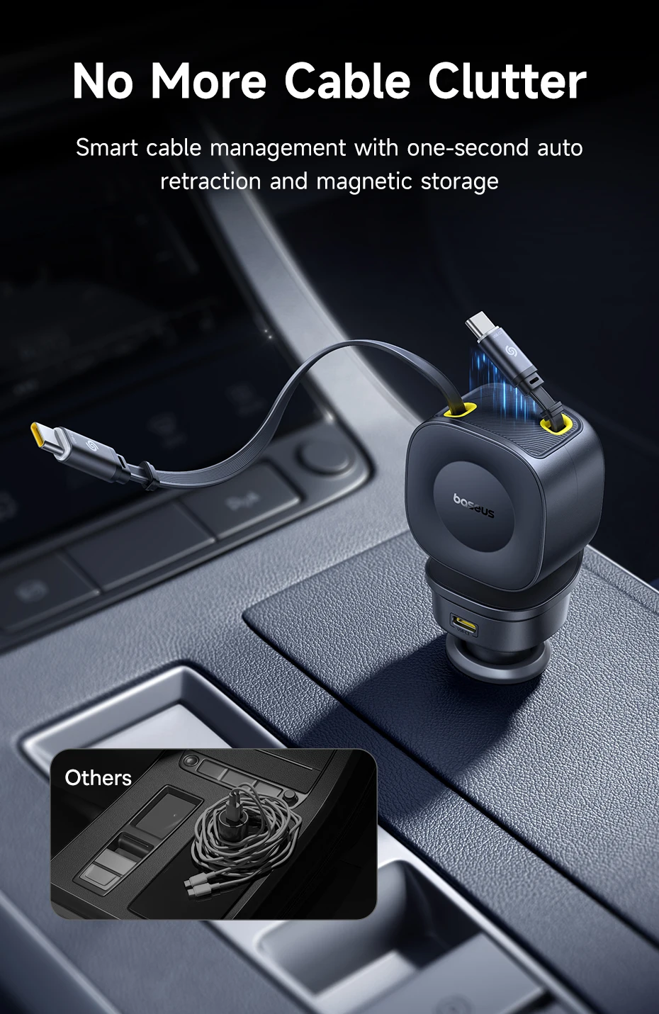 Baseus 60W 100W 30W Car Charger 4 ports Built in Dual Retractable Cable Fast Charging USB Type-C Car Phone Charger