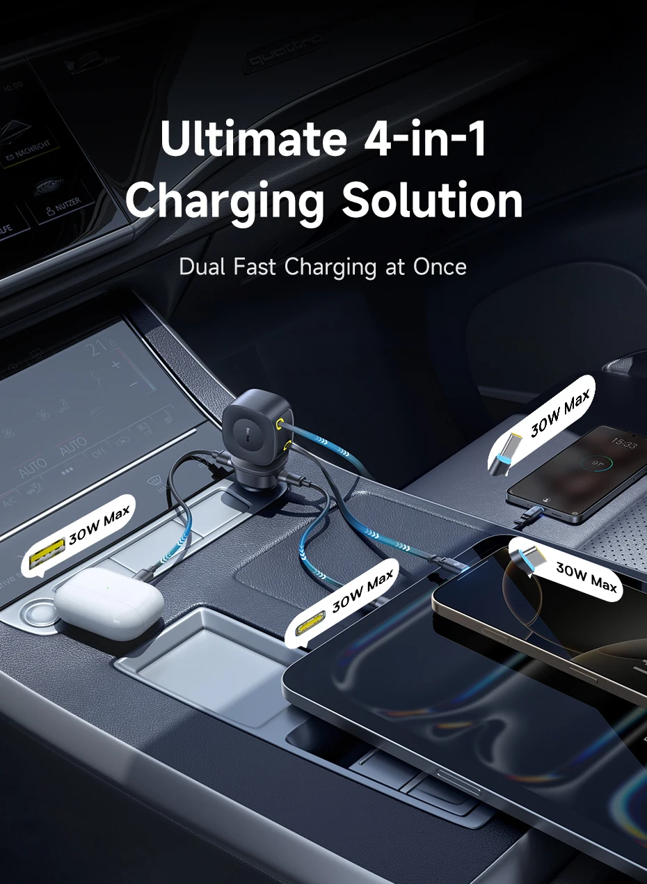 Baseus 60W 100W 30W Car Charger 4 ports Built in Dual Retractable Cable Fast Charging USB Type-C Car Phone Charger