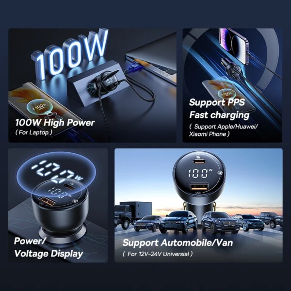 Baseus 100W PD Car Charger Dual Port Fast Charging with Voltage Display for Laptop iPhone Samsung Xiaomi - Image 2