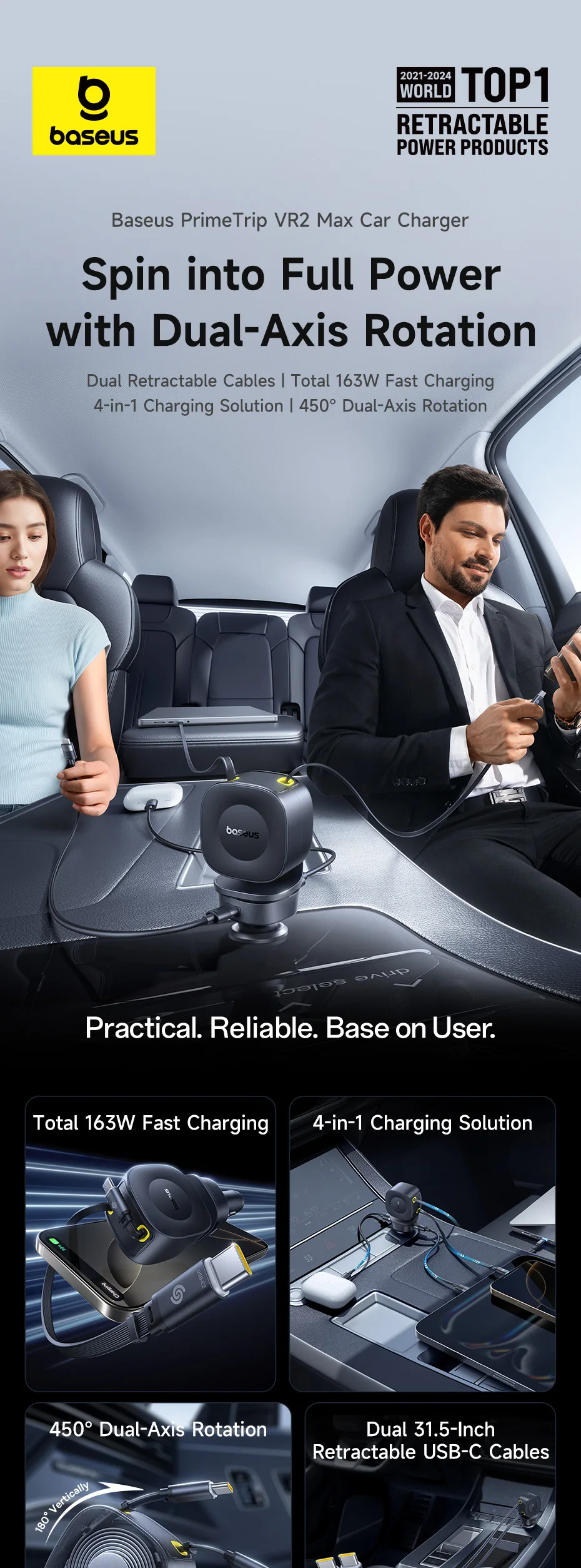 Baseus 100W Car Charger PD QC Fast Charging Dual Type-C Retractable Cable 4 ports 450°Rotation For Laptop Tablet iPhone Samsung